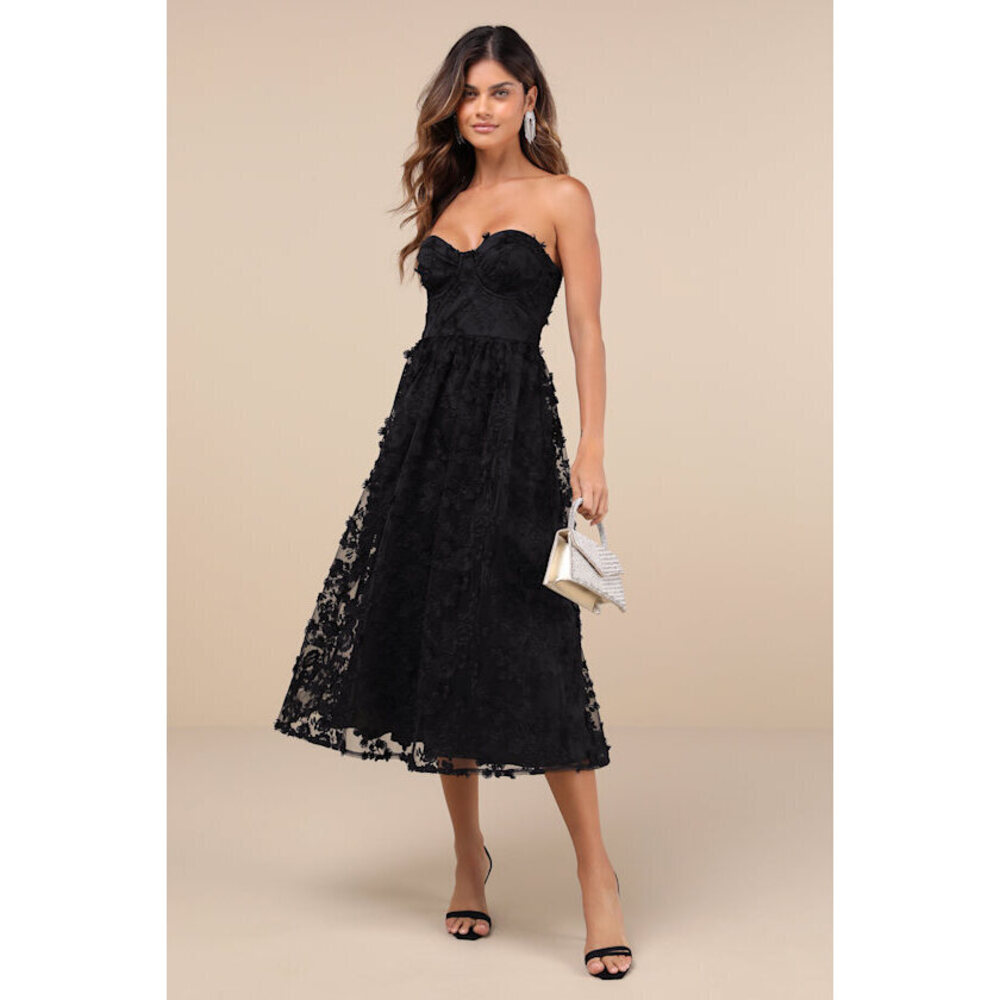Lulus Quite Perfect Black Floral Embroidered Strapless Midi Dress - Size M